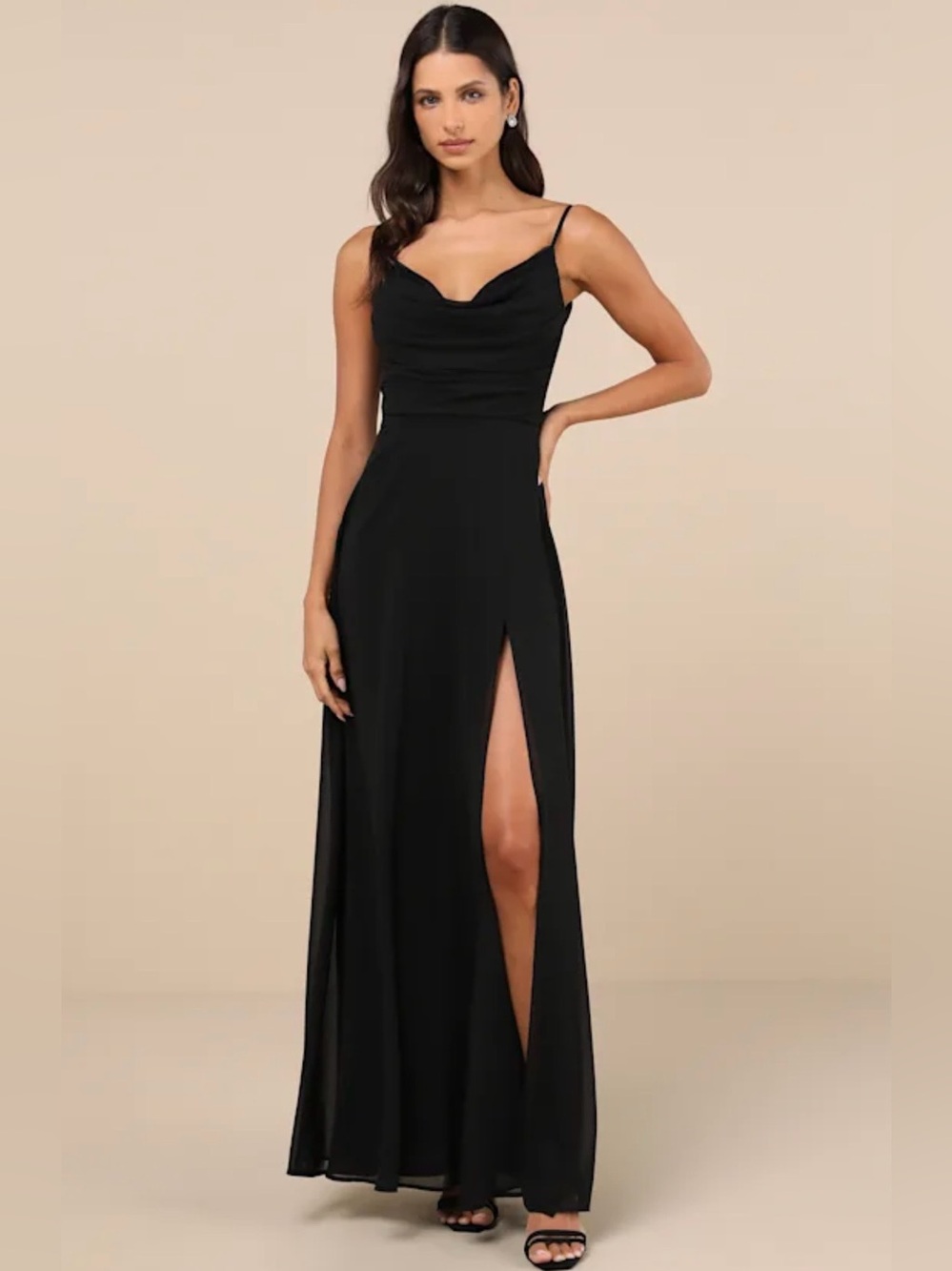 Lulus Notorious Poise Black Sleeveless Cowl Neck Maxi Dress M NWT
